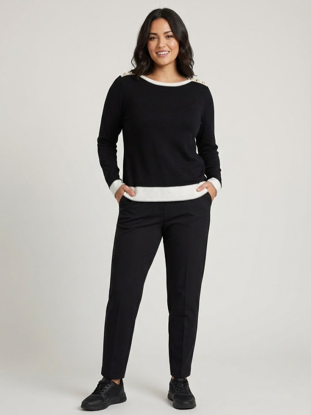 Jones New York Sweater Knit Women Large Black White Long Sleeve Wool Blend Corp